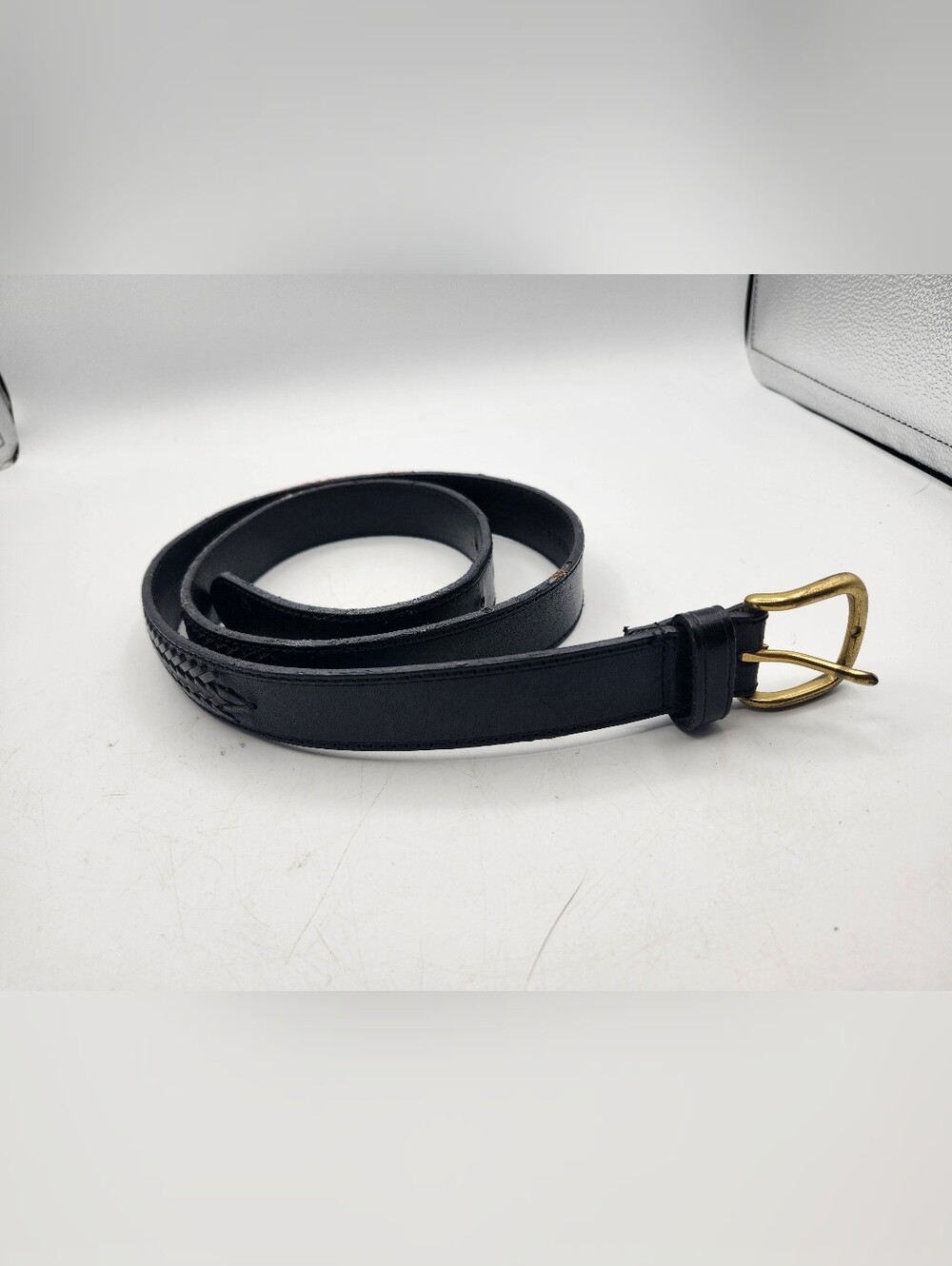 Women’s Black Leather Belt with Gold-Tone Buckle